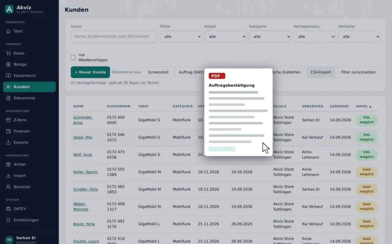 Akviz Kundenverwaltung: PDF-Auftrag wird per Drag-and-Drop importiert