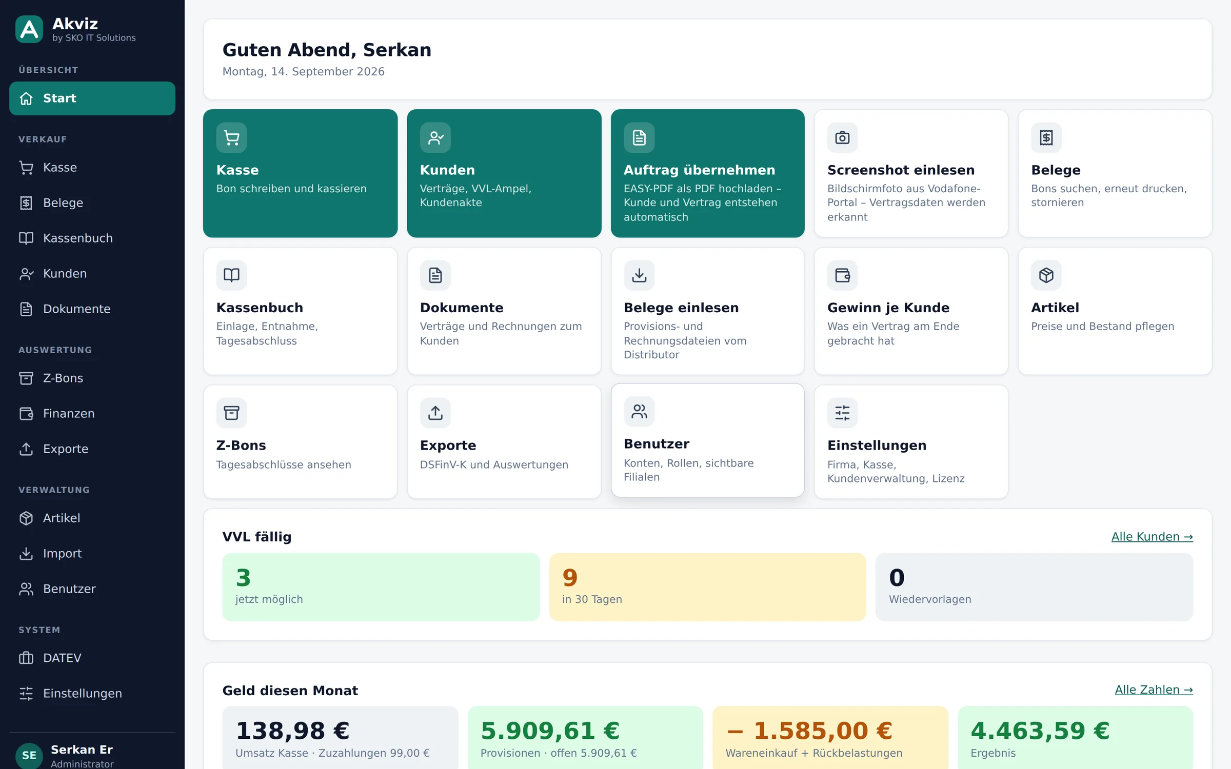 Akviz Startseite mit Schnellzugriff auf Kasse, Kunden und Auftragsimport